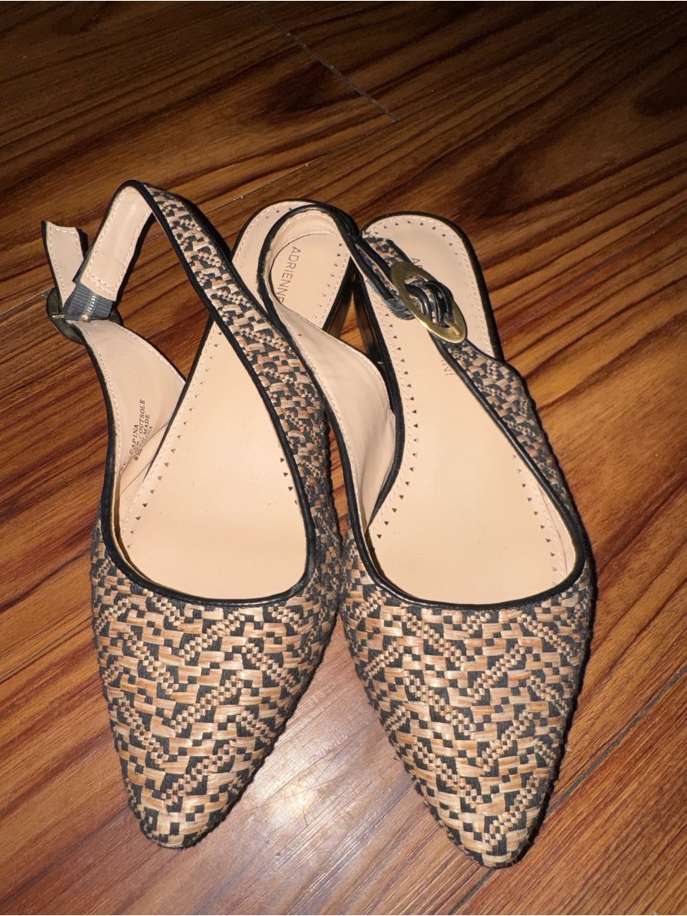Adrienne Beige & Black Woven Pointed Slingback Flats